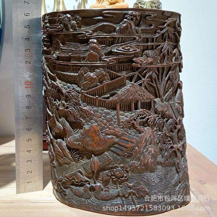 苏工紫铜大笔筒铸满工雕花约6斤左右文房笔筒 文玩大笔筒(现货)