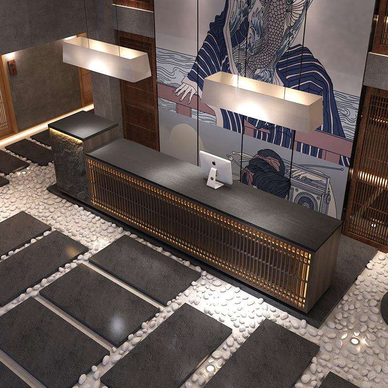 新中式风格前台接待台酒馆饭店餐厅养生馆收银台仿真石柜台吧台桌