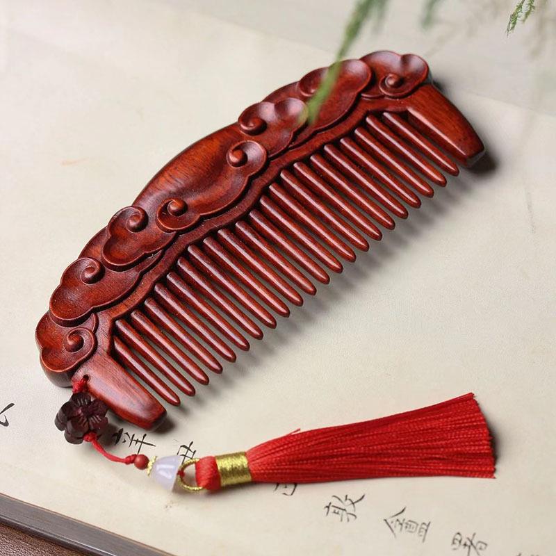 小叶紫檀雕刻祥云木梳子化妆梳手把件防静电便携女士送礼