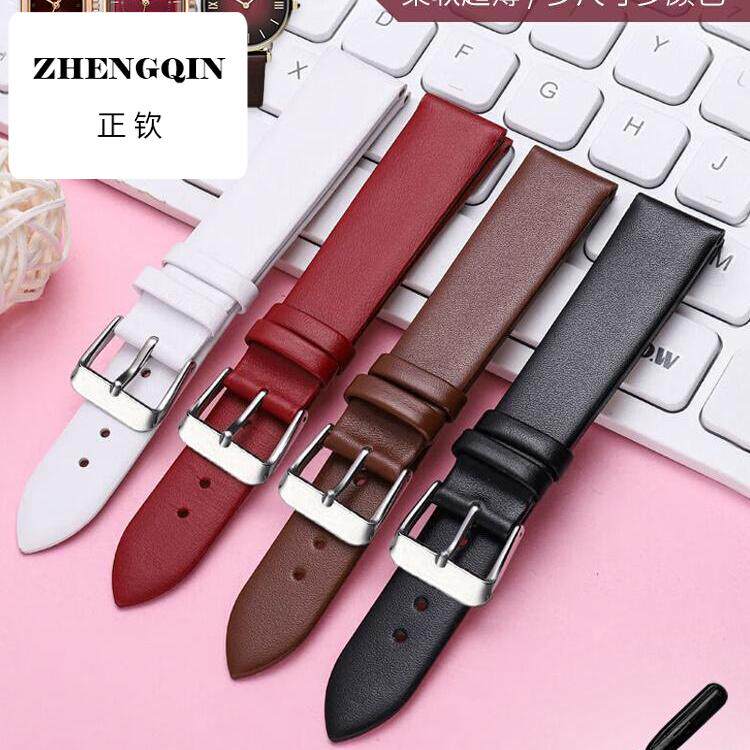 适用手表带男女款通用头层真皮手表链配件超薄柔软酒红手表表带8-