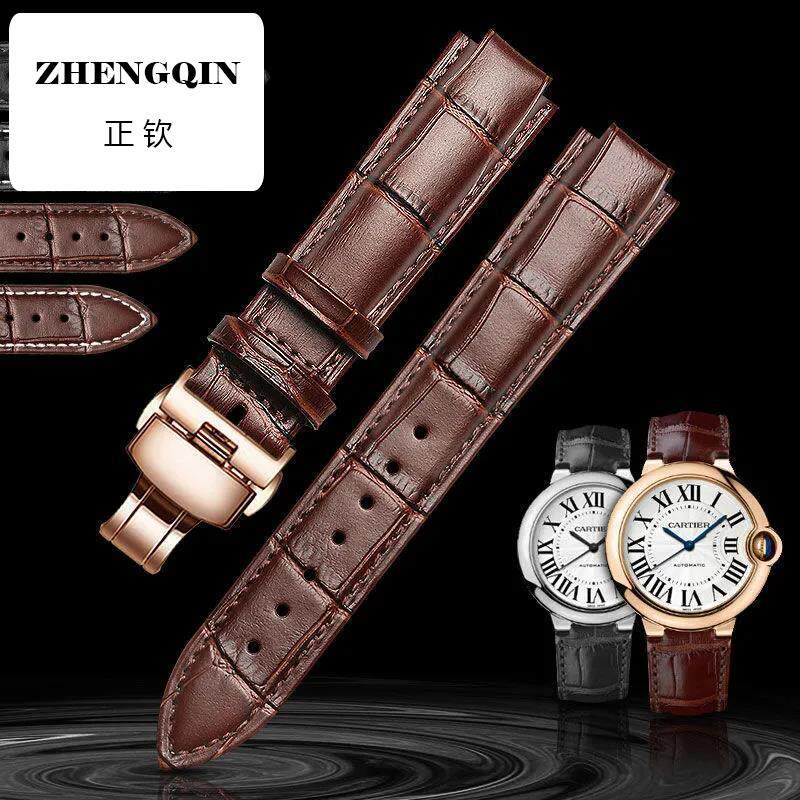 适用凹凸口头层真皮手表带男女手表蓝气球表链配件自动蝴蝶扣防水