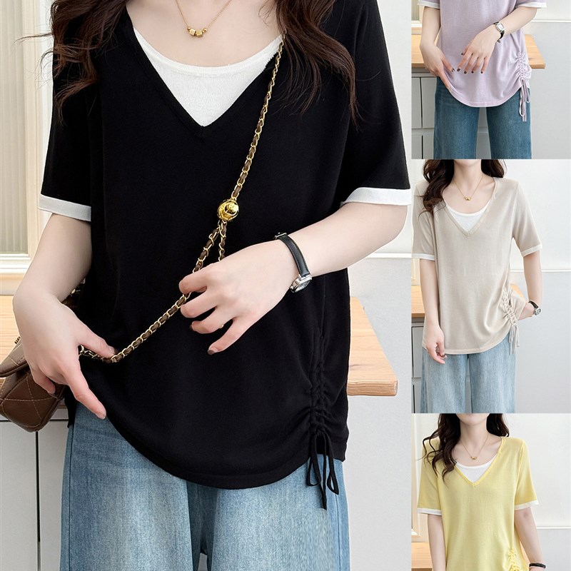 加码女性夏季两件套冰丝右肩短袖t恤,适合胖mm遮盖腹部和隐藏肉的