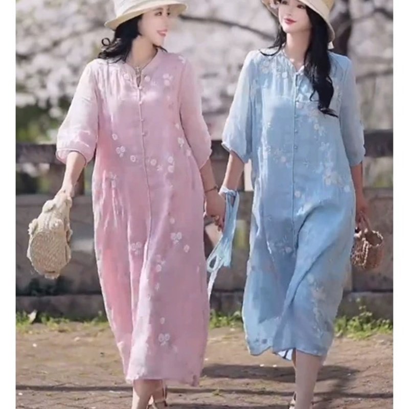 麻印女神Q1512#纯苎麻满绣加长新中式宽松版显气质显瘦长款连衣裙