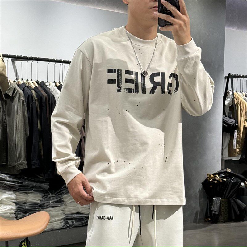 春秋季潮牌纯棉字母撞色长袖圆领T恤男宽松运动套头打底衫卫衣服