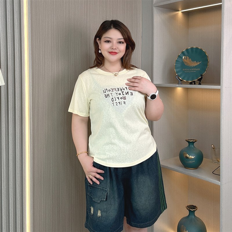 大码正肩短袖t恤女夏季爆款显瘦宽松胖MM遮肚子藏肉休闲半袖上衣