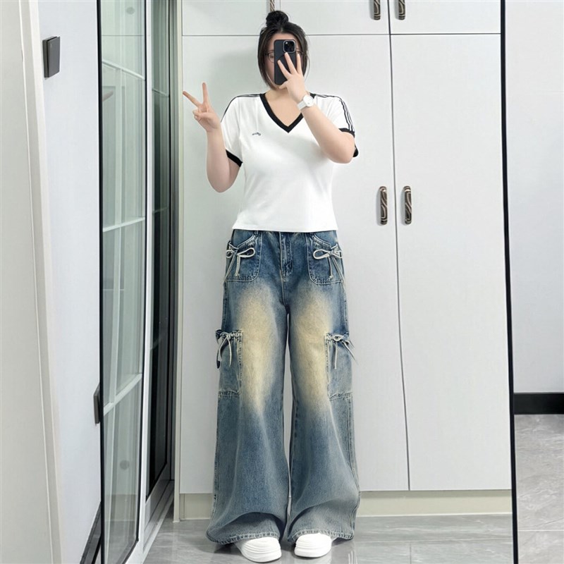 300斤大尺码女装覆古高腰阔腿牛仔裤女胖mm美式街头风多口袋工装