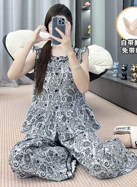 睡衣女士夏季新款高级感带胸垫三件套装休闲 时尚宽松家居服