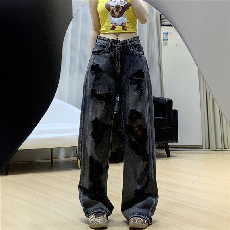 大尺码胖mm美式覆古不规则破洞阔腿牛仔裤女黑色高级感高街长裤子