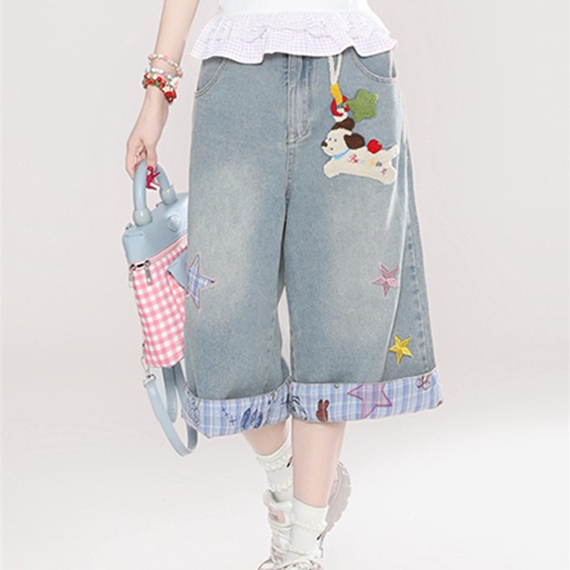 300斤胖mm大码美式覆古夏季格子拼接牛仔裤女宽松显瘦阔腿七分裤