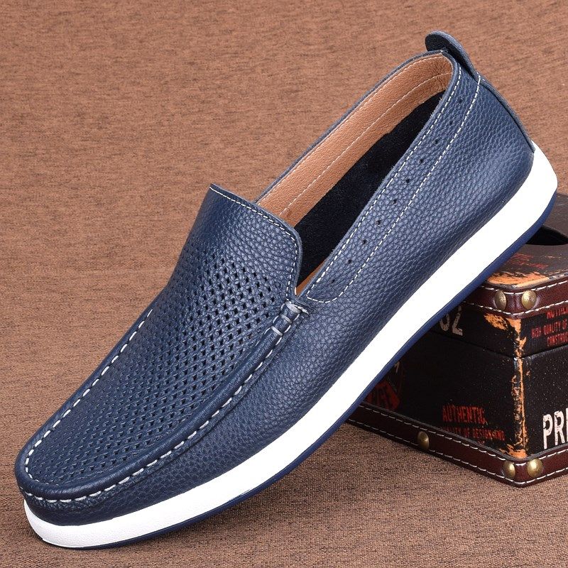 单层牛皮休闲皮鞋男真皮2021夏季打孔外贸男鞋透气软底镂空洞洞鞋