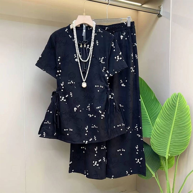 2025新款大码女装胖MM老钱风套装印花麻料收腰上衣裤子显瘦两件套