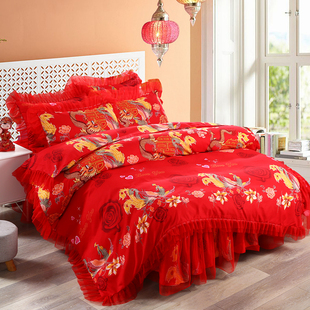 韩版 纯棉被套双人床上用品 双层花边全棉婚庆床裙四件套加厚床罩式