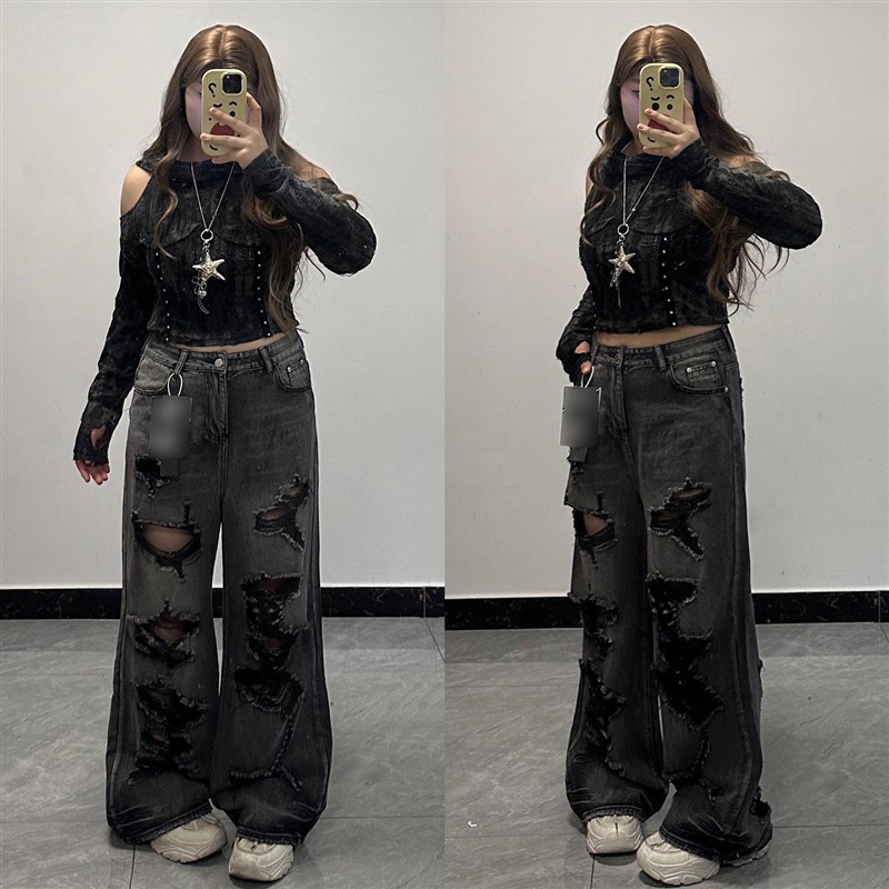 300斤大尺码胖mm黑色高街设计感破洞牛仔裤女夏季巨显瘦穿搭长裤