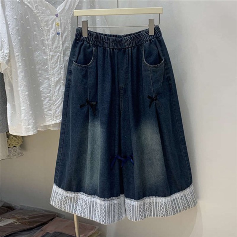 300斤胖mm大码韩版复古牛仔七分裤女小个子休闲宽松阔腿过膝中裤