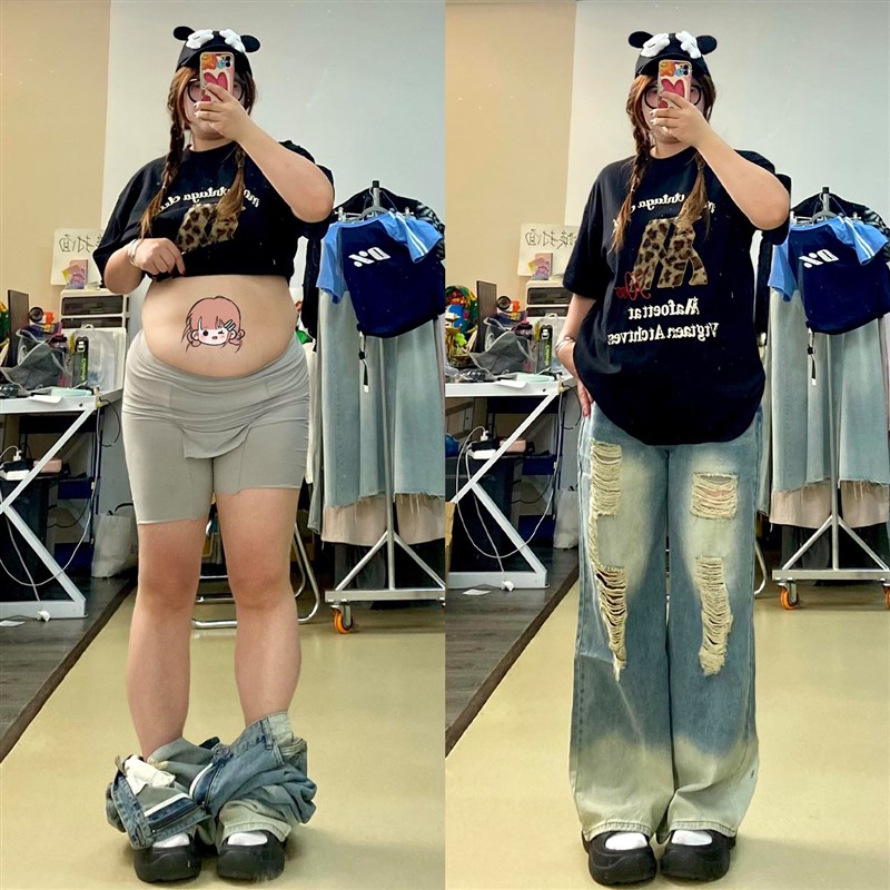 大尺码女装覆古蓝渐层色破洞直筒牛仔裤女胖mm设计感垂感显瘦长裤