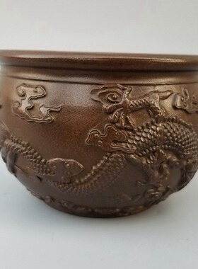 双龙戏珠缸黄铜缸铜香炉聚财龙缸家用办公文房用品铜笔洗装饰摆件