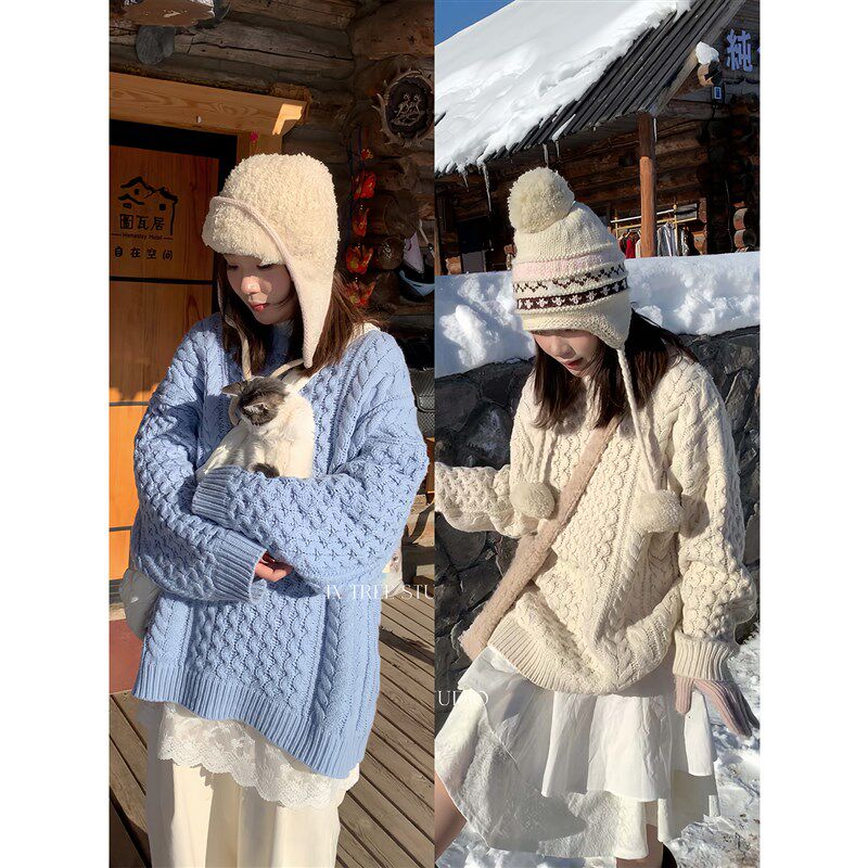 现货 张桶桶【麻花少女】慵懒风粗织麻花套头毛衣圆领秋冬