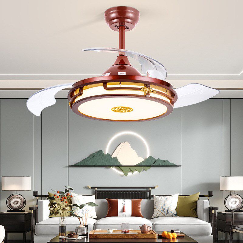 新中式实木风扇灯吊扇灯隐形复古餐厅客厅静音变频遥控带风扇吊灯