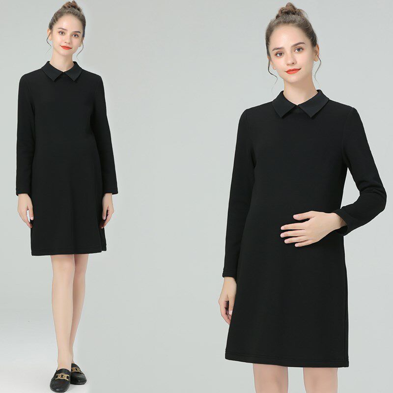 加绒加厚孕妇装秋冬孕妇连衣裙女黑色长袖中长款通勤职业装裙子