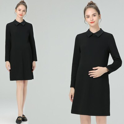 加绒加厚孕妇装秋冬孕妇连衣裙女黑色长袖中长款通勤职业装裙子