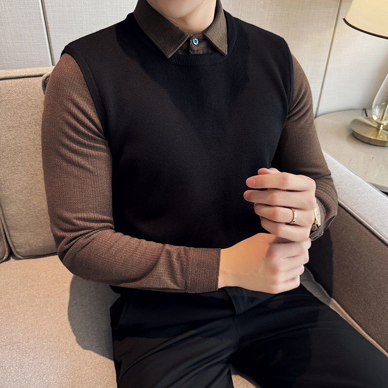 高级感磨毛呢料加厚假两件毛衣男条纹衬衫领冬季保暖绒料带领上衣