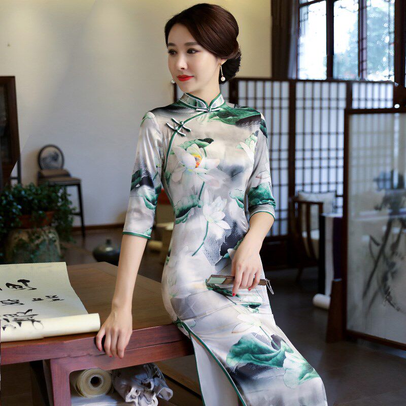老上海祥云沙妈妈改良版2025秋季新款中年妇女中长袖大码旗袍