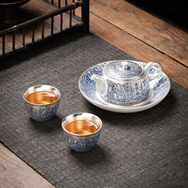 纯手工鎏银茶具套装青花龙纹敦煌一壶二杯高档茶杯家用陶瓷泡茶壶
