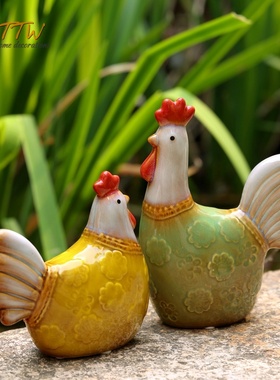美式乡村陶瓷高温釉面对鸡摆件开业店铺装饰品礼物