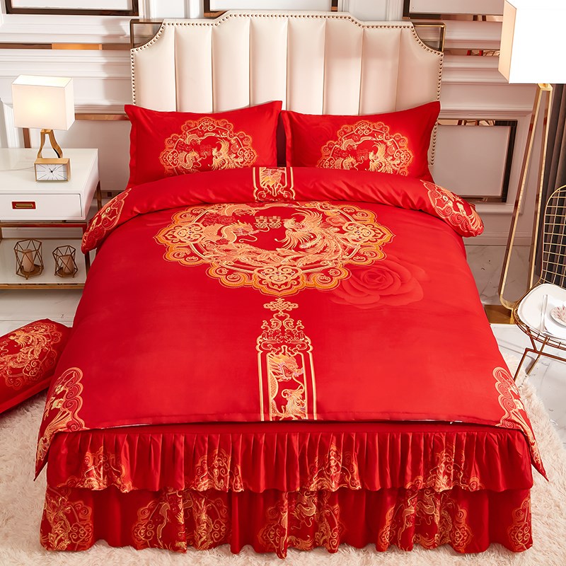 结婚大红床裙款四件套全棉纯棉欧式简约婚庆被套加带床罩床上用品