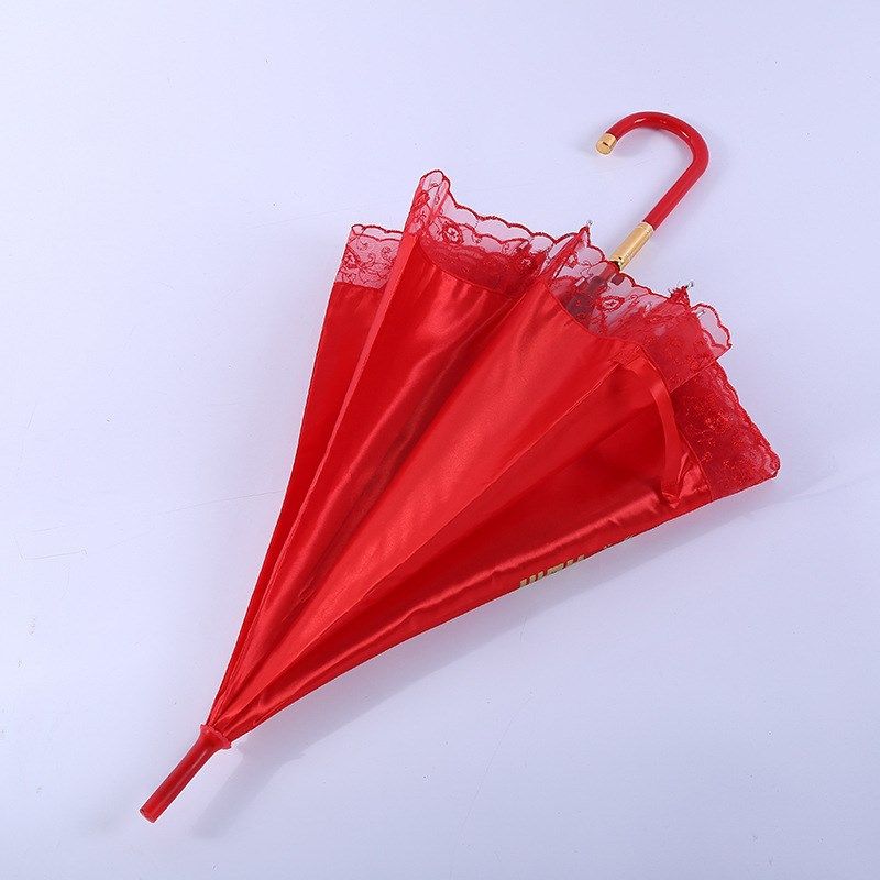 创意款结婚雨伞大红绸缎烫金喜字长炳新娘雨伞塑料直炳红伞