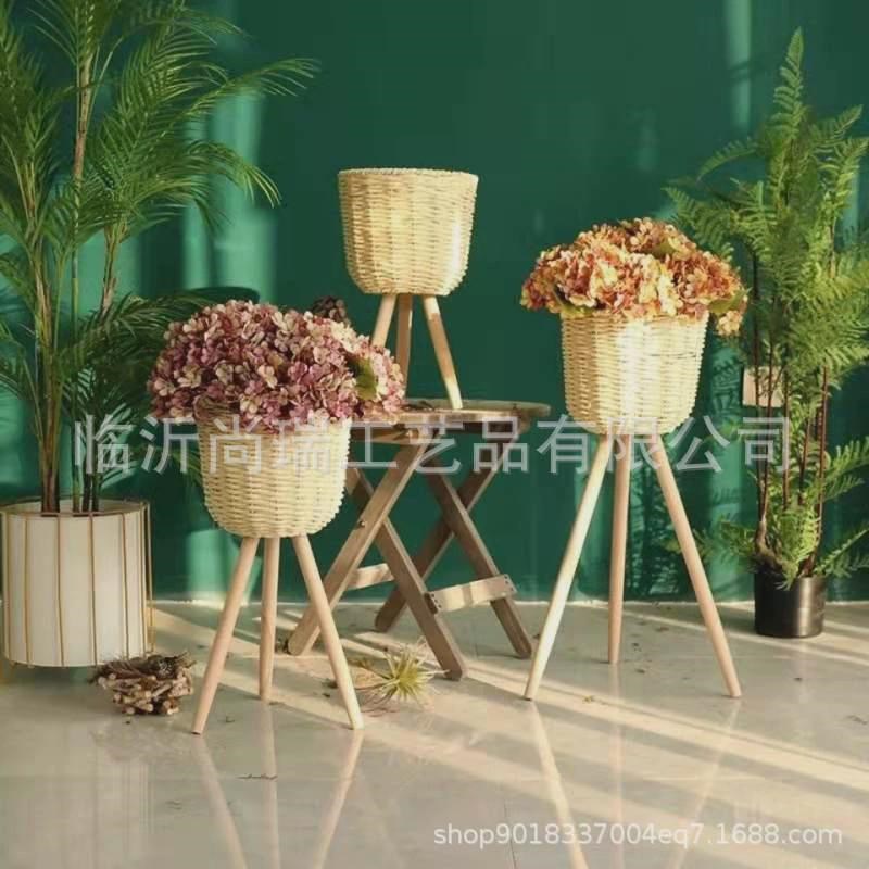 北欧编织草编花篮藤编花盆田园落地花架花器木质摆件家居地面装饰