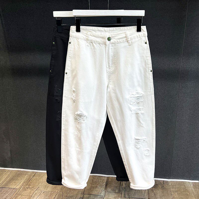 纯白色破洞牛仔裤男士潮牌宽松直筒哈伦裤春夏新款百搭休闲九分裤
