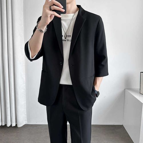 轻熟风七分袖休闲西装夏季薄款韩版潮流宽松短袖百搭男士商务西服