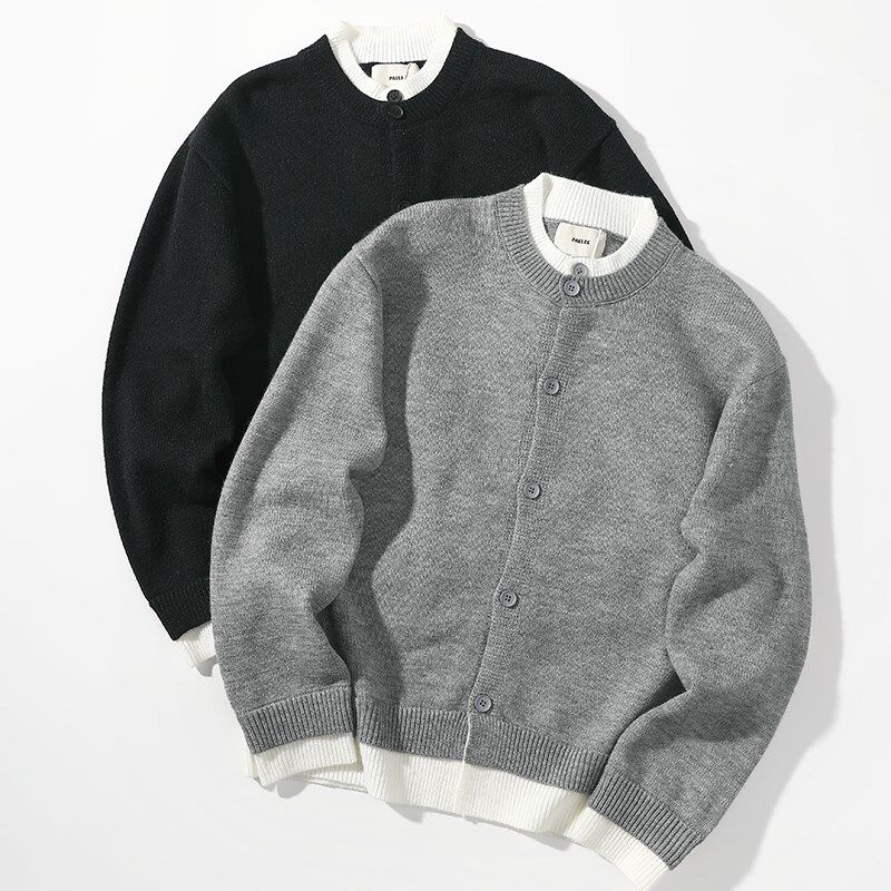 冬季美式复古设计感假两件毛衣外套男慵懒风针织单排扣开衫打底衫