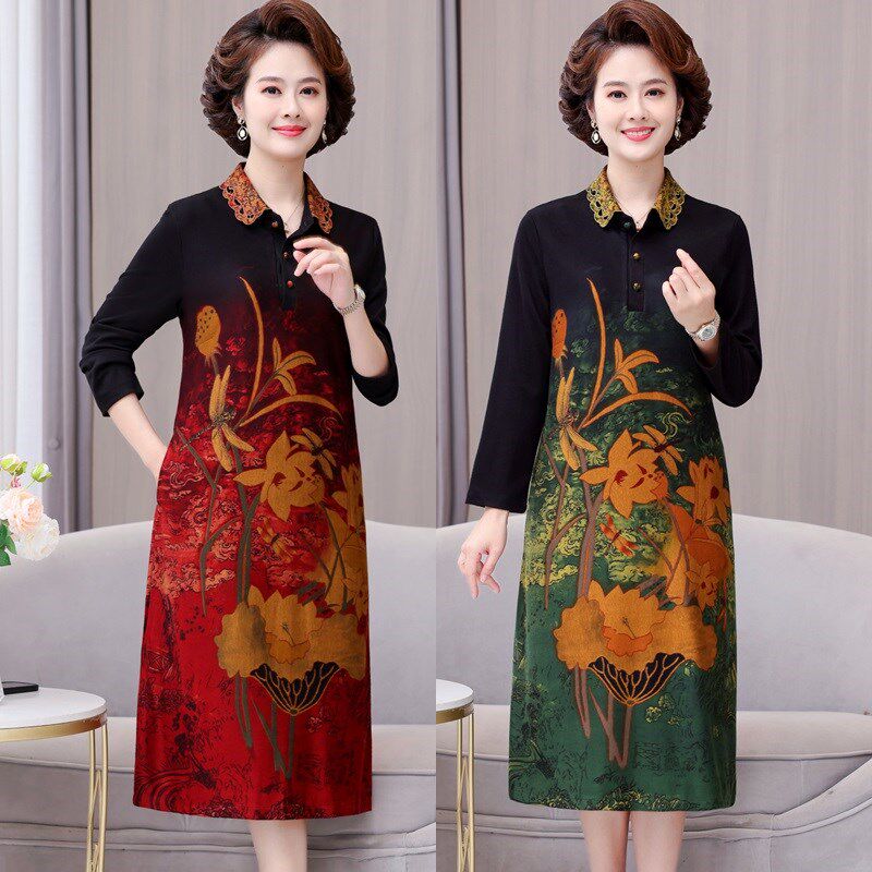 秋冬新款大码翻领定位花连衣裙中老年妈妈装时尚气质遮肚显瘦裙子