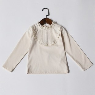 柔软弹力好搭~春秋女童长袖t恤打底衫法式蕾丝花边立领