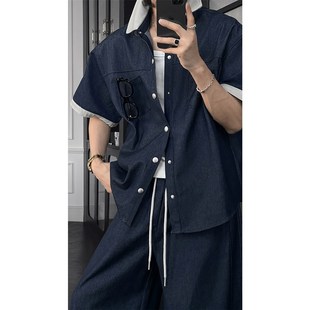 新款 套装 潮流复古拼接牛仔短袖 宽松弯刀长裤 百搭衬衫 龙叨叨夏季