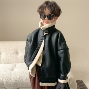 百搭加绒机车服潮 韩版 男童外套儿童新款 洋派加厚皮衣夹克男孩冬季