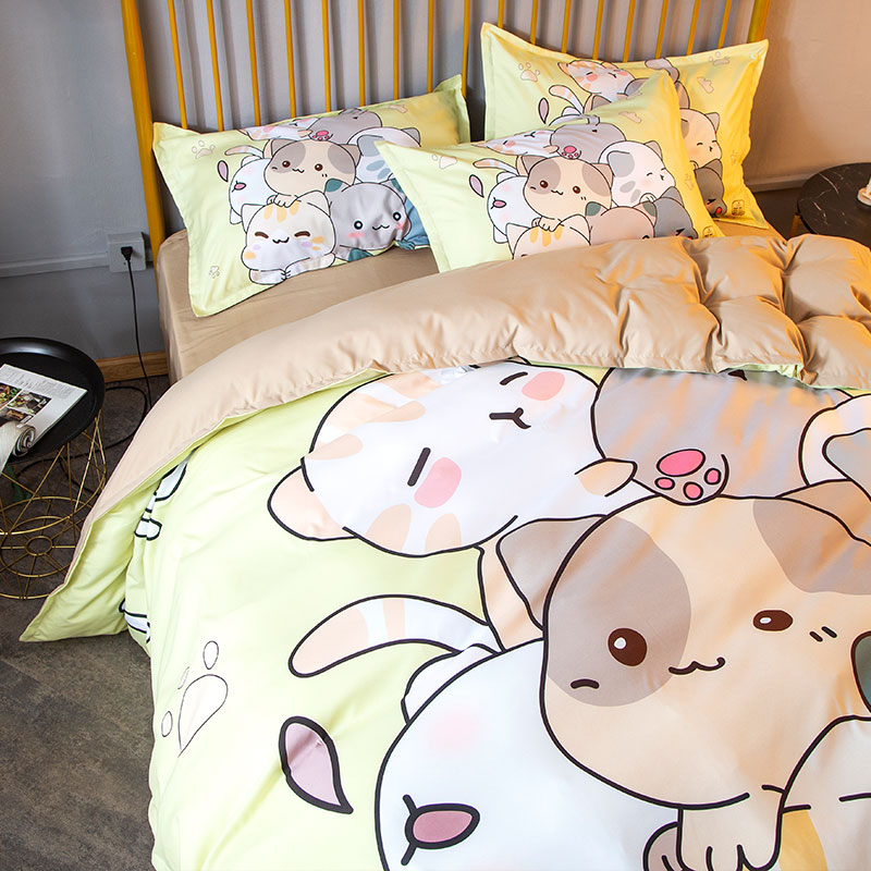 卡通可爱猫咪儿童四件套1.2米床男女孩小被罩1.5床笠1.8床单3件套