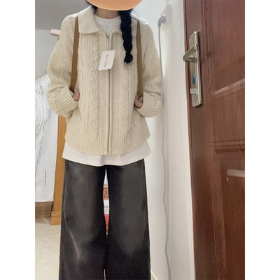 杏色开衫毛衣外套女小个子秋冬2023新款外穿宽松慵懒风麻花针织衫