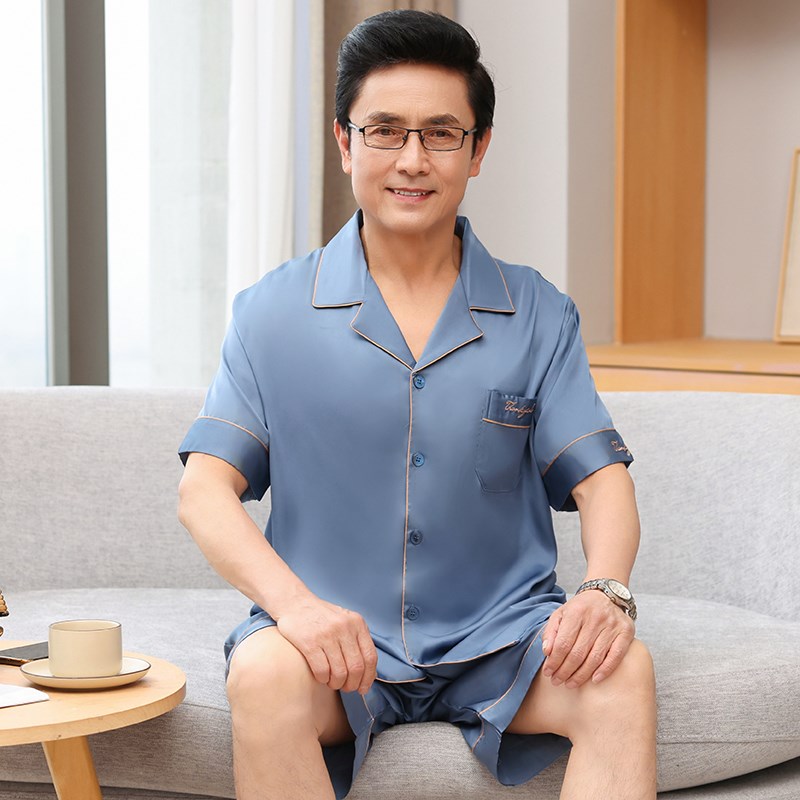 男士睡衣丝绸夏季短袖短裤薄款中年人爸爸冰丝家居服纯色真丝套装