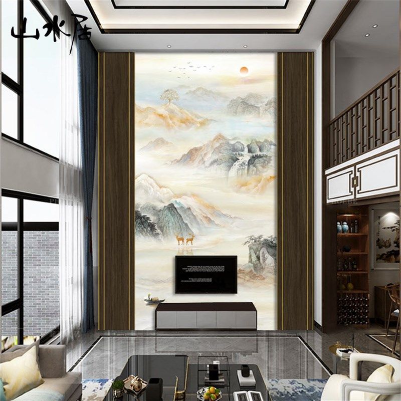 别墅复式楼壁布电视背景墙壁纸墙布轻奢挑空中空客厅影视墙纸壁画,家装主材,无纺布墙纸,淘宝优惠券,粉丝福利购,淘宝优惠卷