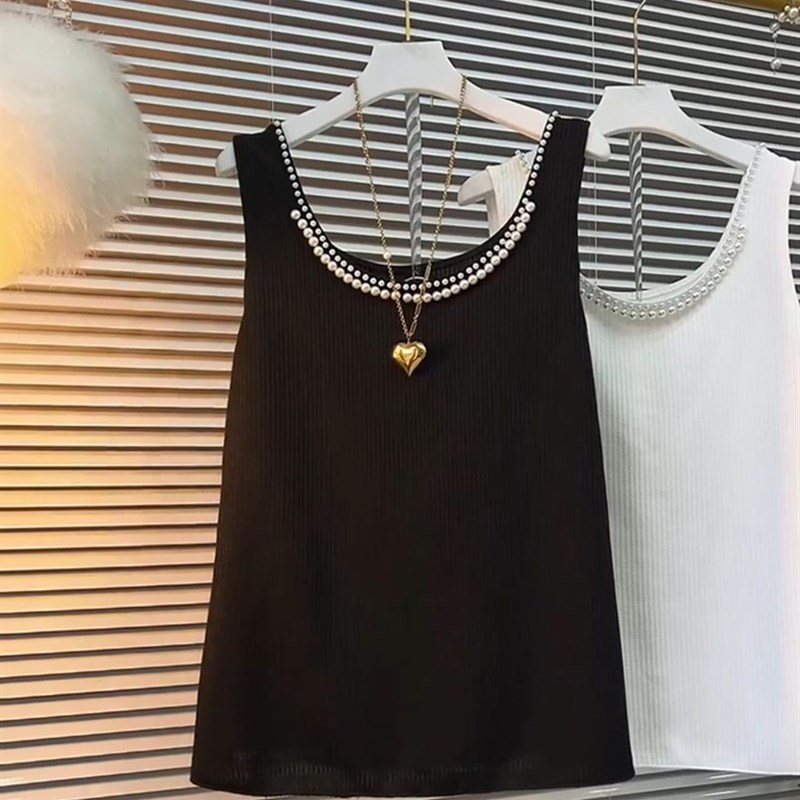 大码女装条纹棉弹力打底背心2023春夏新款胖妹妹重工钉珠百搭上衣