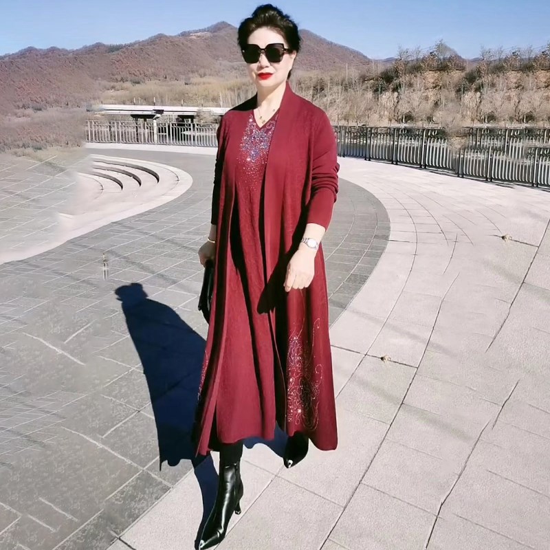 高端妈妈婚宴礼服重工提花针织连衣裙长款宽松两件套打底裙外披女