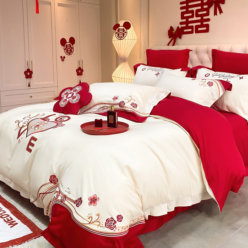 结婚庆喜庆婚嫁床上四件套全棉纯棉刺绣可爱被套床单婚礼红色床品