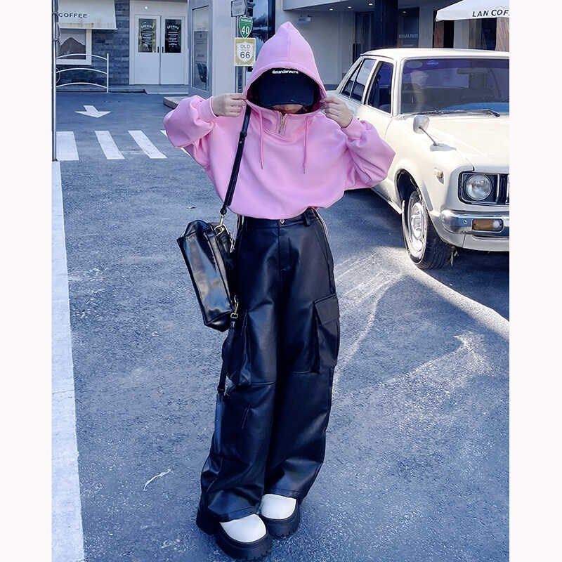 女童秋装短款连帽卫衣2024新款儿童韩版时髦炸街休闲工装皮裤套装