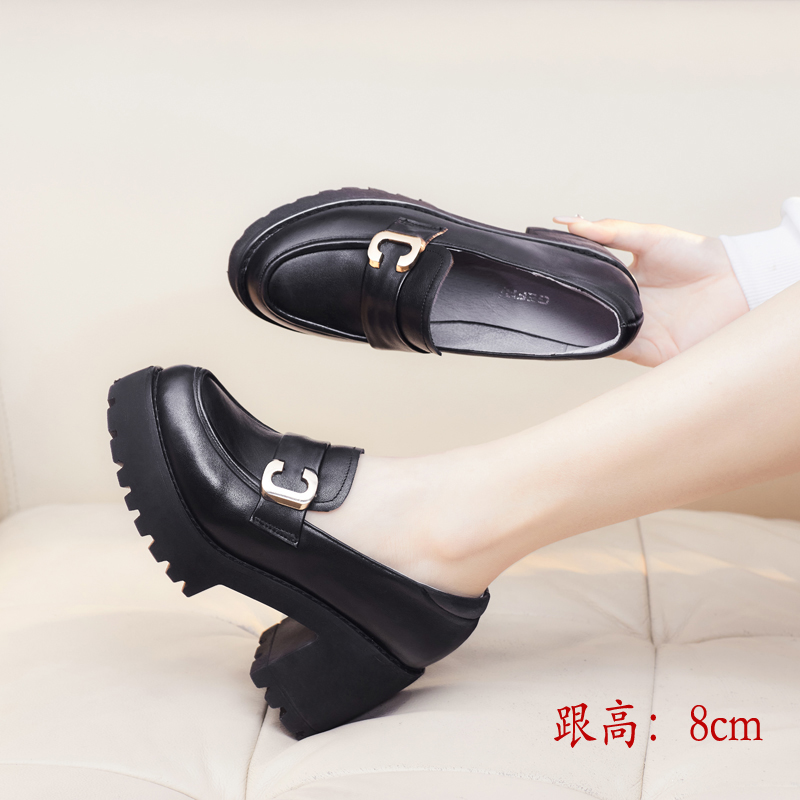 时尚粗跟小皮鞋女2025春秋新款真皮高跟鞋轻底纯皮黑色工作鞋单鞋