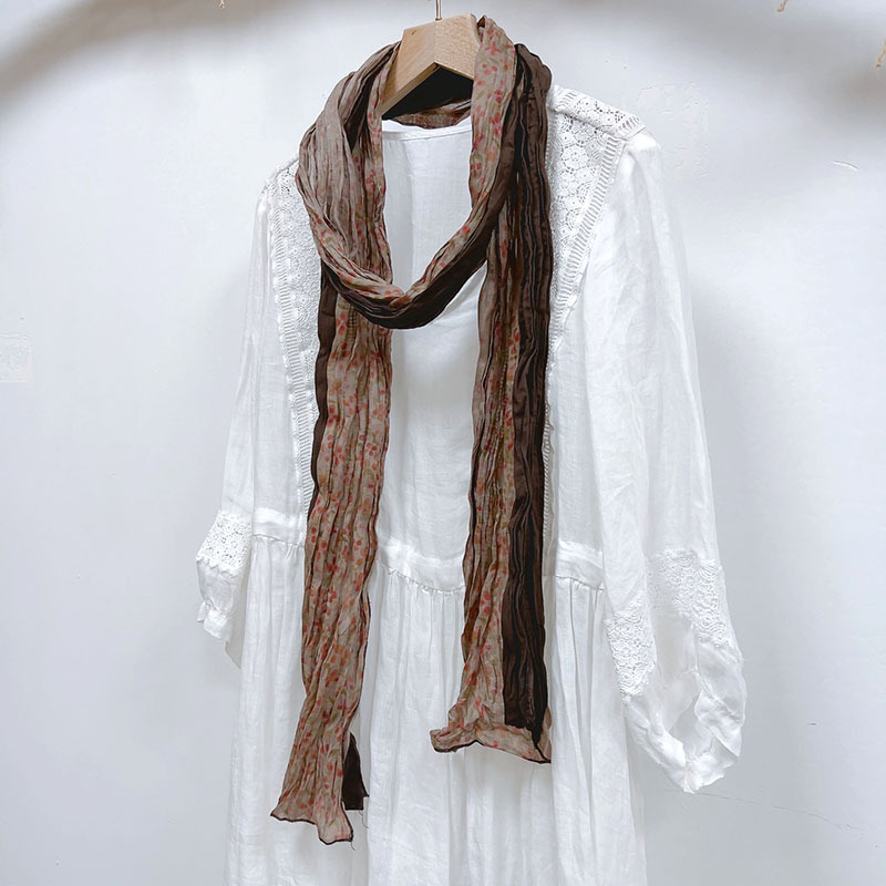 棕色咖色棉麻双色拼接围巾女薄款春秋夏季韩版百搭细长款亚麻丝巾