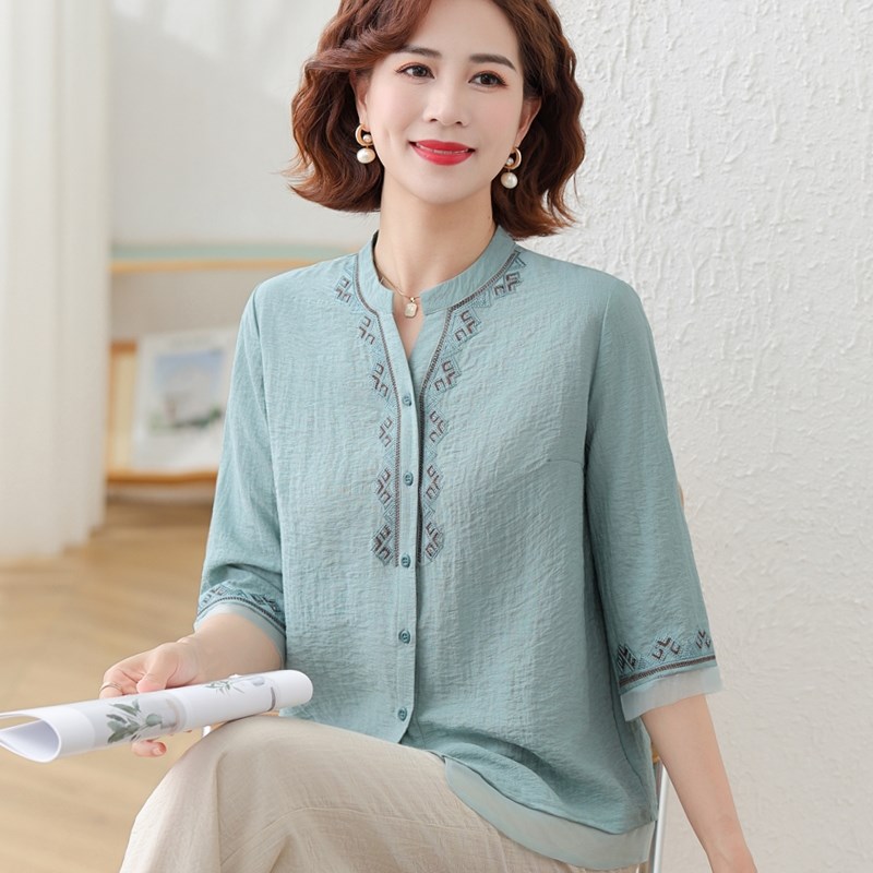 母亲节妈妈夏装棉麻套装洋气新款中老年女夏季新中式国风短袖上衣