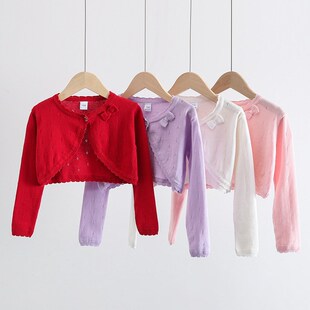 儿童舞蹈服披肩纯棉夏季镂空毛衣女童短装针织外套吊带裙子外搭薄